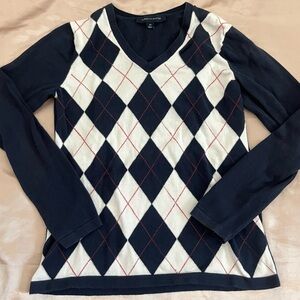 Tommy Hilfiger V Neck Navy Blue Argyle Sweater